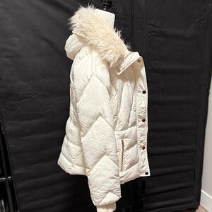 Guess Cream Puffer Jacket with Faux Fur Trim